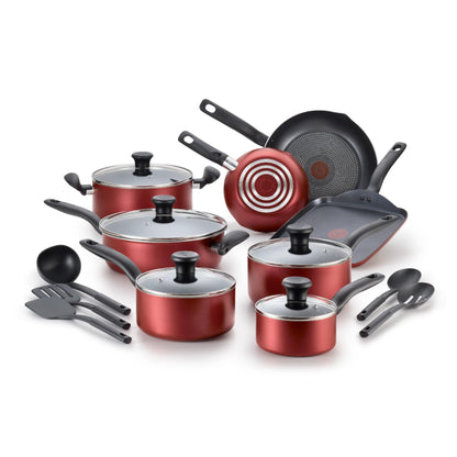 T-fal Initiatives Nonstick Cookware Set 18 Piece, Oven Broiler Safe 350F, Kitchen Cooking Set w/Fry Pans, Saucepans, Saute Pan, Dutch Oven, Griddle, Pots and Pans, Home, Dishwasher Safe, Red