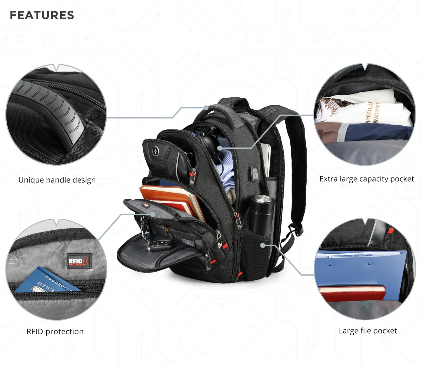 Swissdigital Design Men's Laptop Backpack for College and Business Travel with Integrated USB Charging Port and RFID Protection Fits Laptops up to 15.6 in, Black | J14-BR