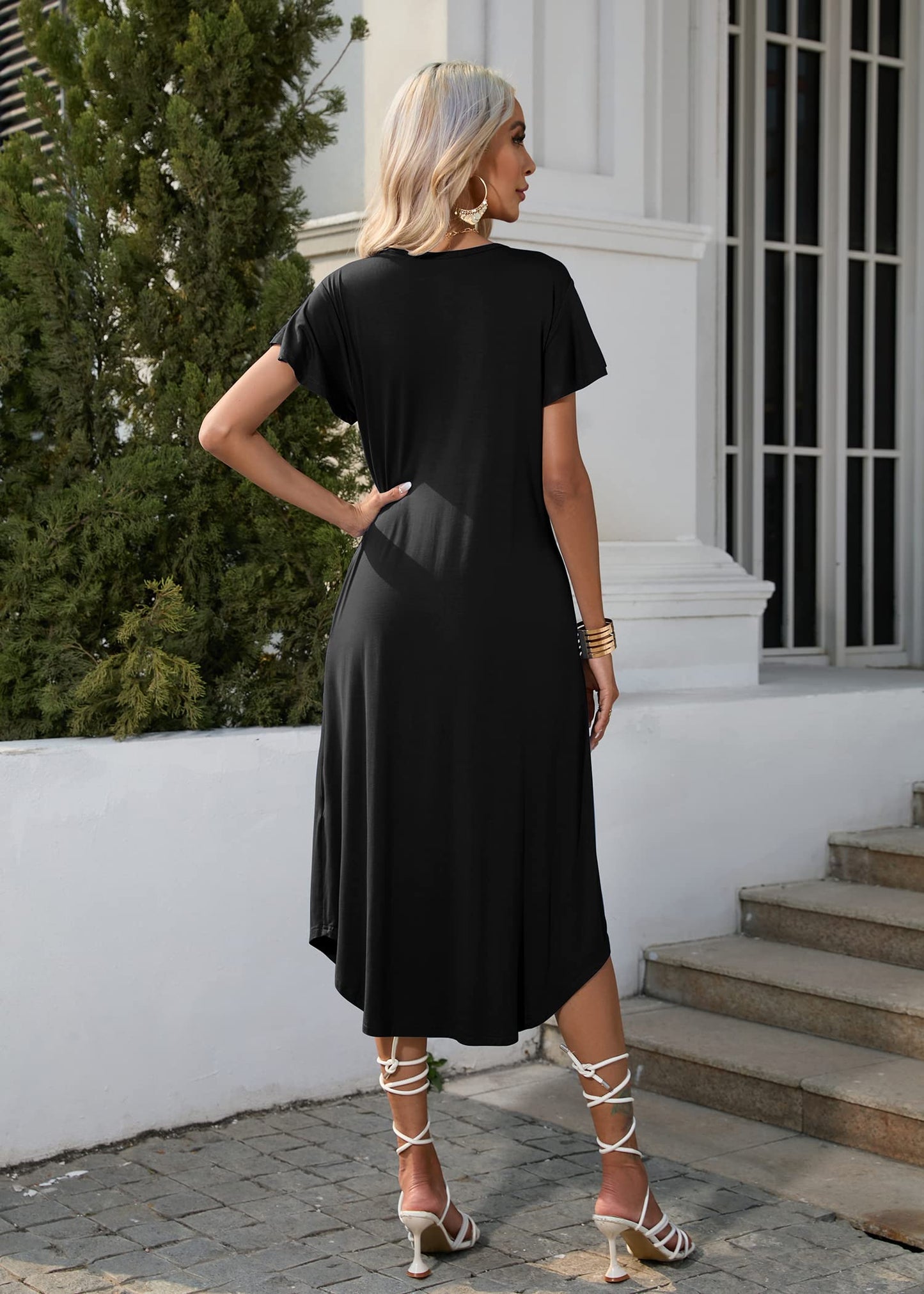 Ekouaer Women's Nightgowns Long Sleepshirt Short Flare Sleeve Sleepwear Soft Night Shirts with Pockets Black M