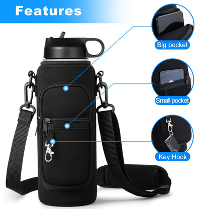 RRegeny Water Bottle Holder with Strap for Hydroflask 32oz 40oz, Carrier Sling Bag with Phone Pocket Sleeve for Men Women Hiking Camping Travelling（black24/32oz）