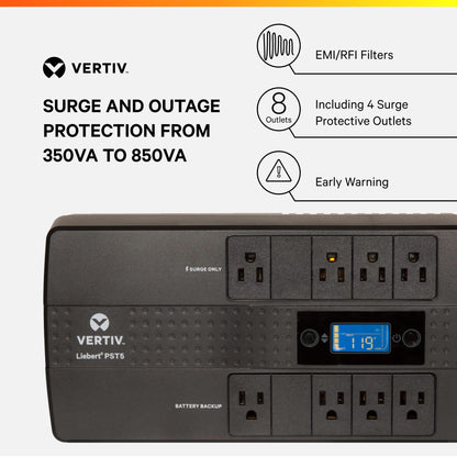 Vertiv Liebert PST5 UPS - 850VA/500W 120V Standby Power, 8 Outlets, Battery Backup with Surge Protection, LCD Screen, Energy Star Certified, 3 Year Warranty, Free Shutdown Software (PST5-850MT120)