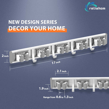 reliahom 2 Pack Broom Holder Wall Mount Mop and Broom Hanger Wall Mounted Garage Storage Rack Kitchen Garden Tool Organizer (5 Racks with 4 Hooks, Silver)