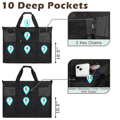 Fammart Extra Large Mesh Beach Bag for Family, Pool Travel Tote Bag with Zipper Closure, 10 Pockets, Sandproof Bottom