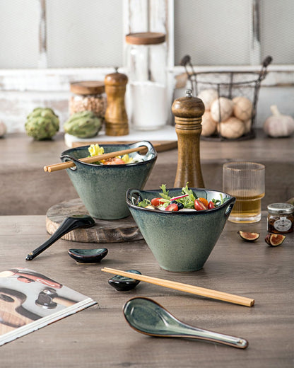 UNICASA Japanese Ramen Bowl Set with Chopsticks, Spoons and Rests, 20oz Deep Porcelain Noodle Bowl Set of 2 for Udon, Pho, Salad, Soup (Reactive Green)