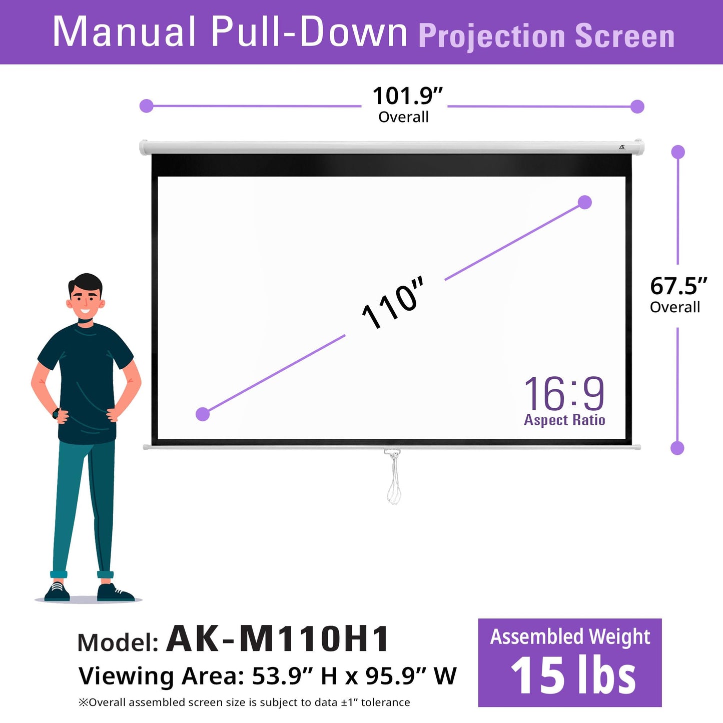 Akia Screens 110 inch Pull Down Projector Screen Manual B 16:9 8K 4K HD 3D Ceiling Wall Mount White Portable Projection Screen Retractable Auto Locking for Indoor Movie Home Theater Office AK-M110H1