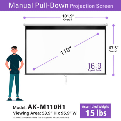 Akia Screens 110 inch Pull Down Projector Screen Manual B 16:9 8K 4K HD 3D Ceiling Wall Mount White Portable Projection Screen Retractable Auto Locking for Indoor Movie Home Theater Office AK-M110H1