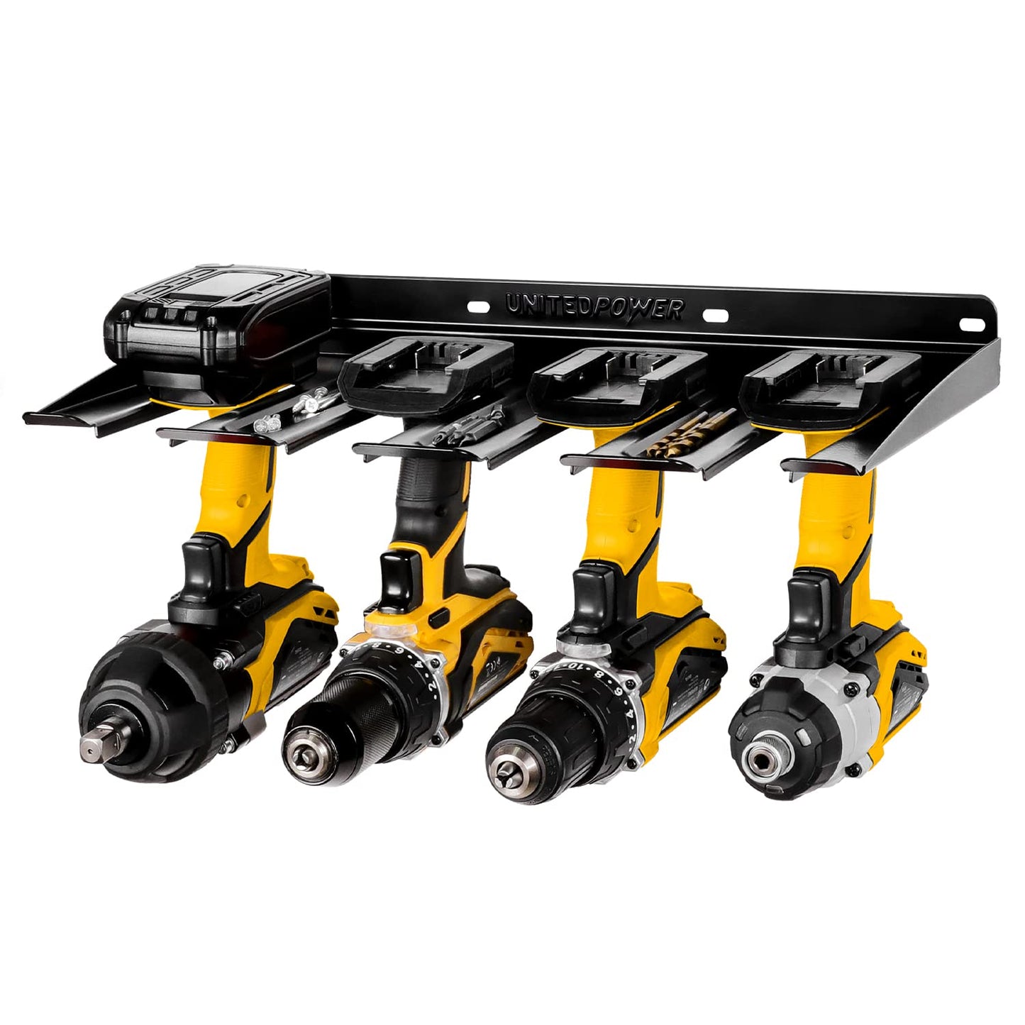 UNITEDPOWER Electric Drill Storage Rack, Holds 4 Drills, Wall Mounted Power Tool Organizer for Battery Powered Hand Tools, Workshop, Shed, Garage, Home (Drill Rack)