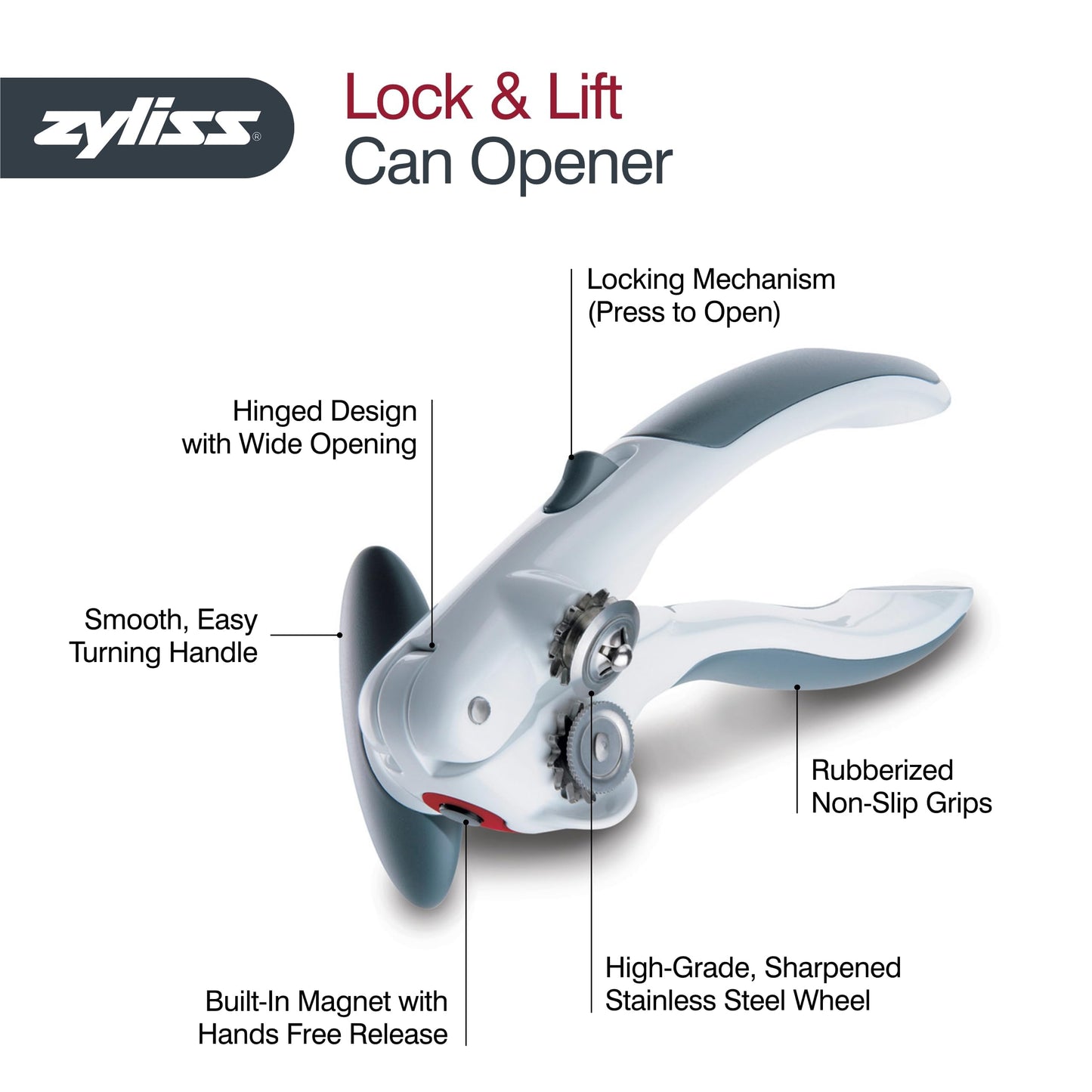 Zyliss Lock N' Lift Can Opener with Lid Lifter Magnet - Manual Opener with Locking Mechanism - Easy-to-Turn - Magnetic Can Opener - White/Gray