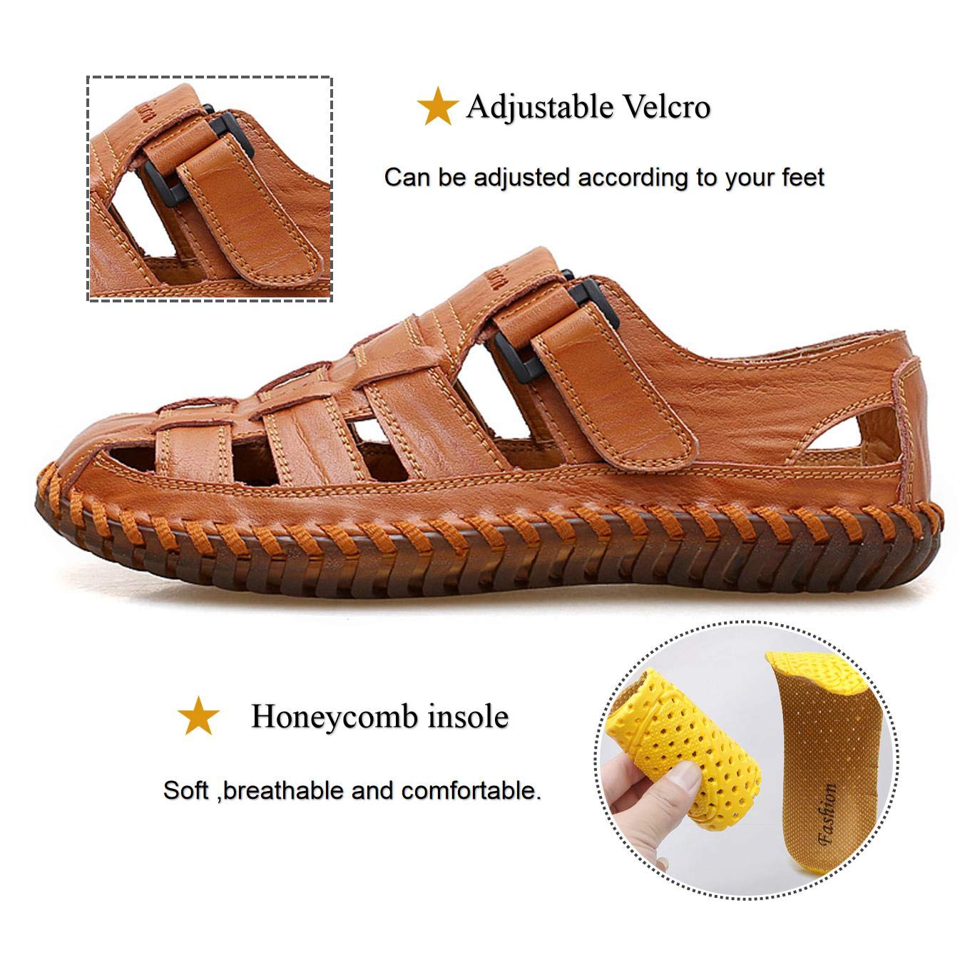 Qiucdzi Mens Sport Sandals Breathable Outdoor Fisherman Shoes Adjustable Closed Toe Summer Leather Loafters,Dark Brown