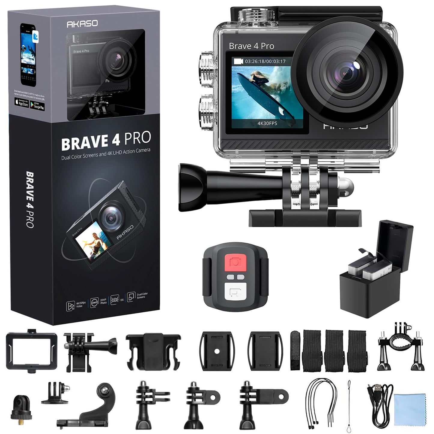 AKASO Brave 4 Pro 4K30FPS Action Camera - 131ft Underwater Camcorder Waterproof Camera with Touch Screen Advanced EIS Remote Control 5X Zoom Underwater Camera Support External Mic