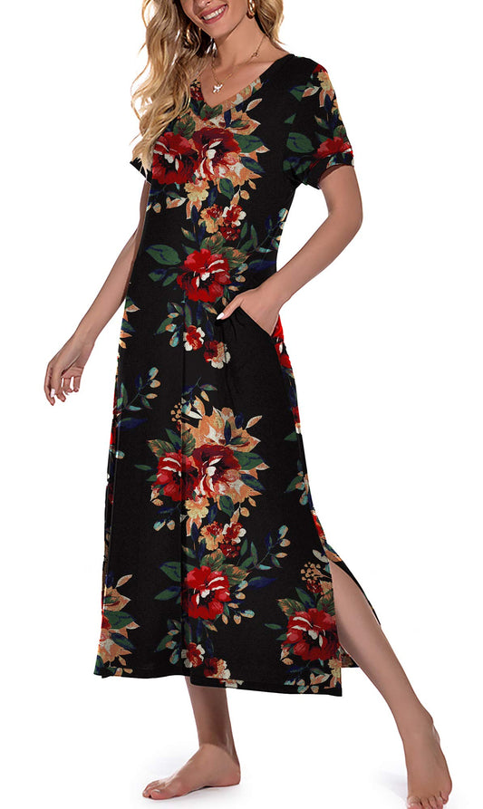 PrinStory Womens Long Nightgown Short Sleeve Nightshirt V-Neck Soft Loungewear Casual Sleepwear With Pockets FP-Brown Black-Medium