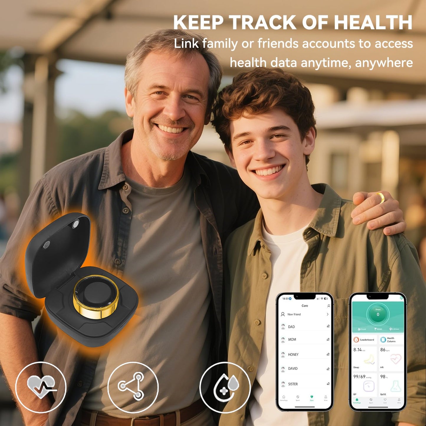 Smart Ring for Men Women with Black Charging Box, Bluetooth, Health Ring , IP68 Waterproof, Fitness Ring Tracks Heart Rate/Sleep/Steps/Sports Activities/Blood Oxygen,non-subscription app (Gold, 10)