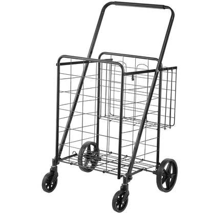 VEVOR Folding Shopping Cart, Jumbo Grocery Utility Cart with Double Baskets, 360° Swivel Wheels, 110 LBS Large Capacity Heavy Duty for Laundry, Shopping, Grocery, Luggage, Black