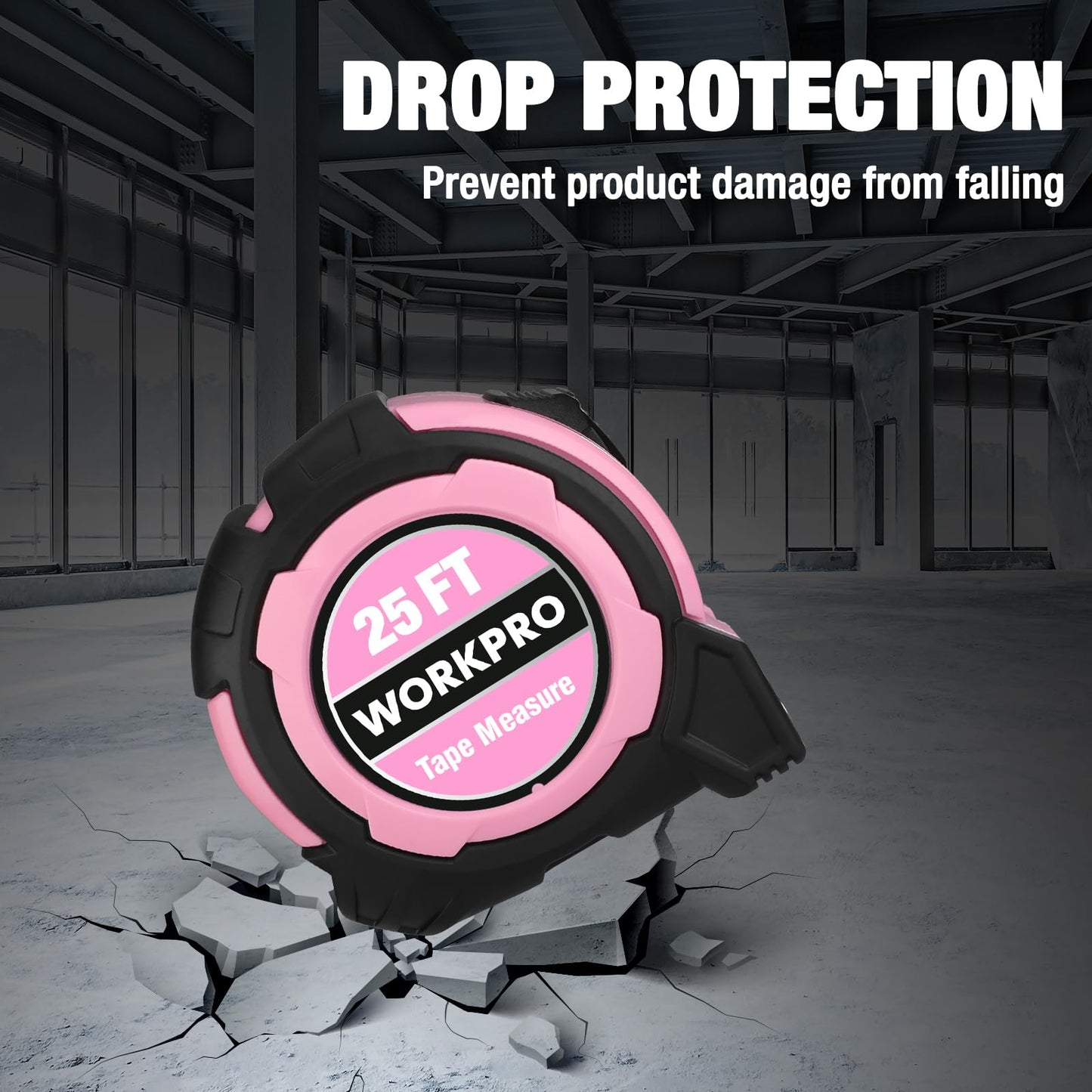 WORKPRO 25FT Pink Tape Measure, 1/8 Fractions Easy Read Measuring Tape, Retractable Nylon Coating Measurement Tape Accuracy 1/32, Magnetic Hook, Belt Clip, Rubber Protective Casing - Pink Ribbon