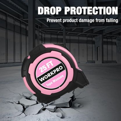 WORKPRO 25FT Pink Tape Measure, 1/8 Fractions Easy Read Measuring Tape, Retractable Nylon Coating Measurement Tape Accuracy 1/32, Magnetic Hook, Belt Clip, Rubber Protective Casing - Pink Ribbon