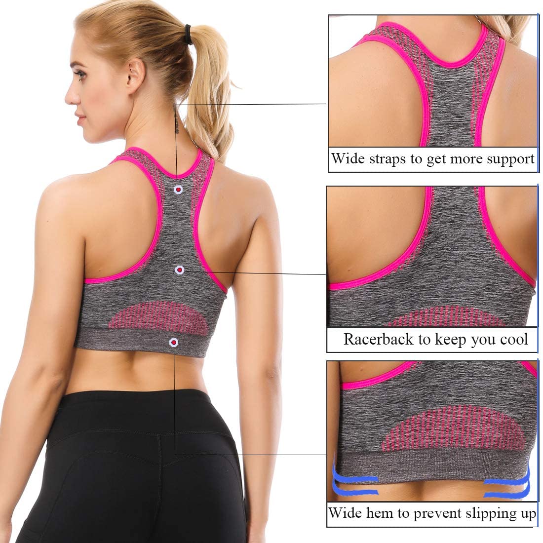 TOBWIZU Sports Bras for Women, Medium Support Yoga Gym Activewear Bras with Pocket