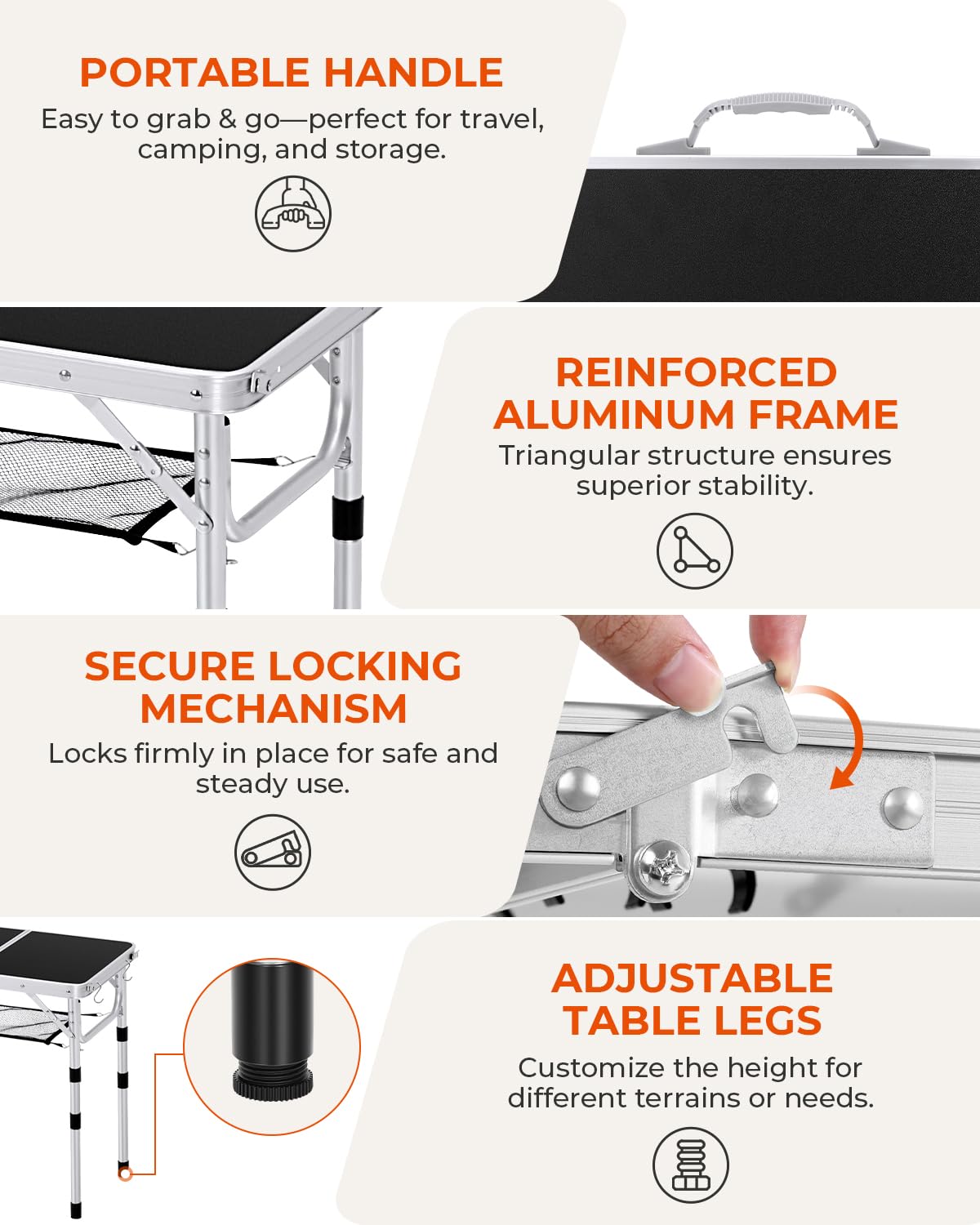 Sportneer Folding Table: Adjustable Height Camping Essentials 23.6" L x 15.7" W 3 Height with Mesh Layer - Compact & Portable Small Folding Table for Outdoor Camp Garden Picnic BBQ Dining Cooking