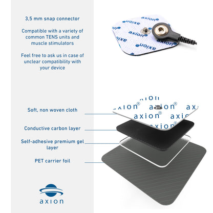 12 axion TENS Unit Electrode Pads Mix Set - 8 Square 2x2'' and 4 Rectangular 4x2'' Replacement Pads with 3,5mm Snap Button for TENS Machines and Muscle Stimulators | Reusable Self-Adhesive Electrodes