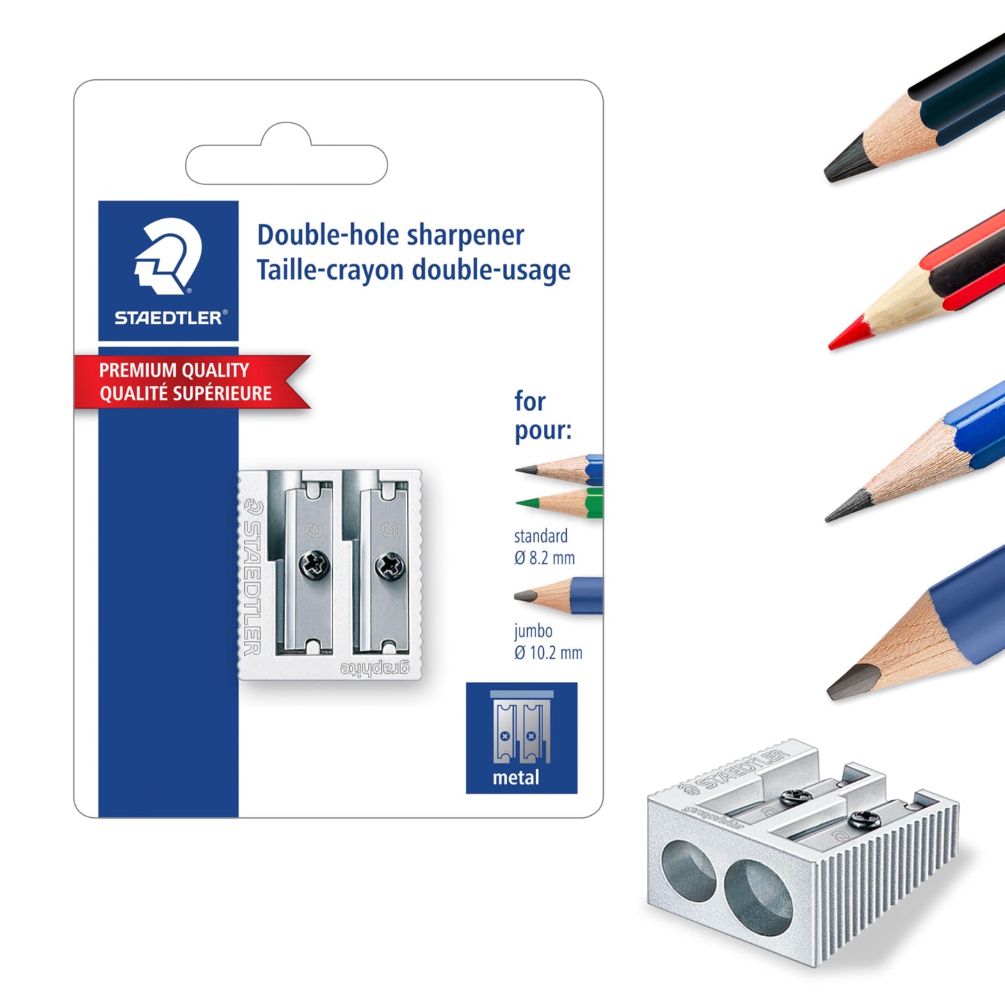 STAEDTLER Metal Double-Hole Pencil Sharpener - Precision 23° & 30° Angles for Standard & Colored Pencils - 3-Point Blade Design for Sharp Lines