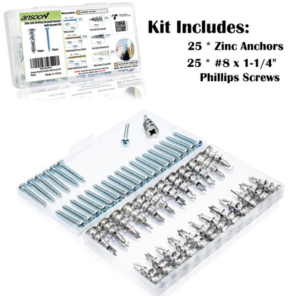Ansoon Zinc Self-Drilling Drywall Anchors with Screws Kit, 25 Heavy Duty Metal Wall Anchors and 25#8 x 1-1/4'' Screws - 50 Pieces All Together