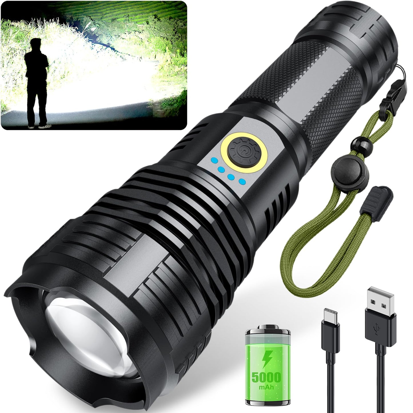 Amzyigou Rechargeable Flashlights 1990.000 High Lumens, Super Bright Flashlight with 10 Modes, LED Tactical Flashlight Waterproof, Powerful for Camping, Hiking, Hunting and Emergencies