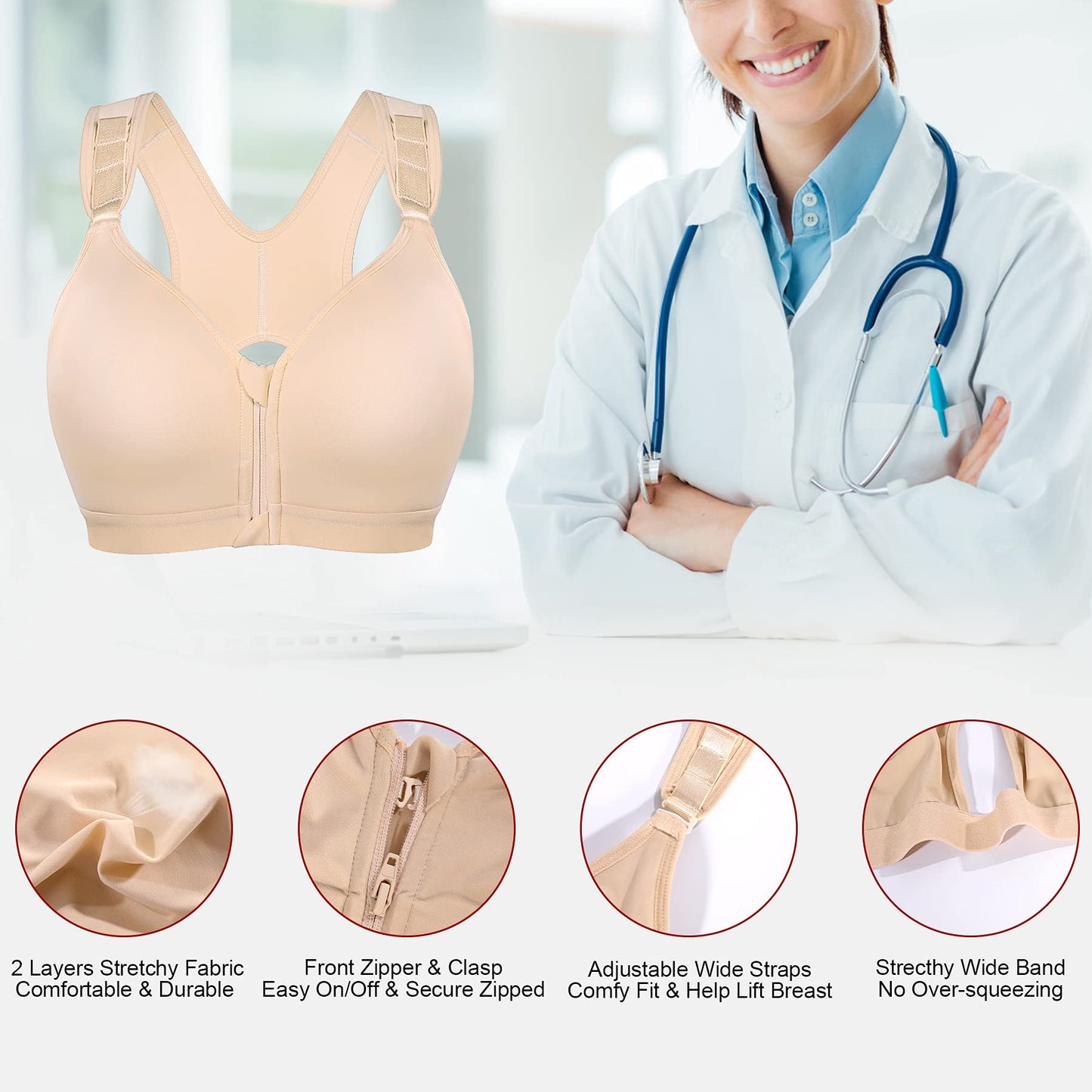 CYDREAM Women Post-Surgical Bra Zip Front Post Surgery Sports Bras Racerback Support Wireless Adjustable Straps (3XL, Beige)