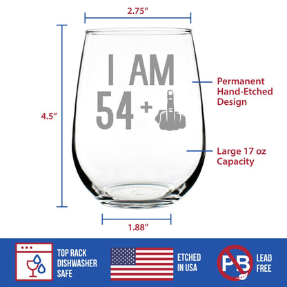54 + 1-55th Birthday Stemless Wine Glass for Women & Men - Cute Funny Wine Gift Idea - Unique Personalized Bday Glasses for Mom, Dad, Friend Turning 55