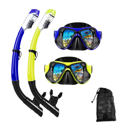 DIPUKI Snorkeling Gear for Adults Snorkel mask Set Scuba Diving mask Dry Snorkel Swimming Glasses Swim Dive mask Nose Cover Youth Diving (Blue+Yellow（2 Pack）)