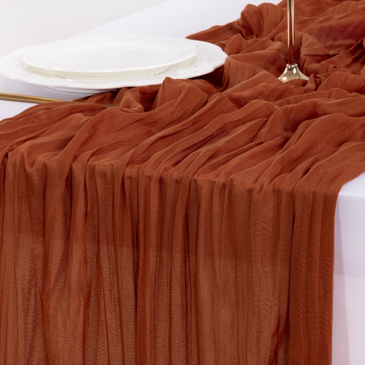 Socomi Fall Table Runner Terracotta Cheesecloth Gauze Burnt Orange Boho Rustic Farmhouse 120 inch 10FT Cheese Cloth Runner for Wedding Party Baby Shower Home Decor Holiday Thanksgiving Decorations