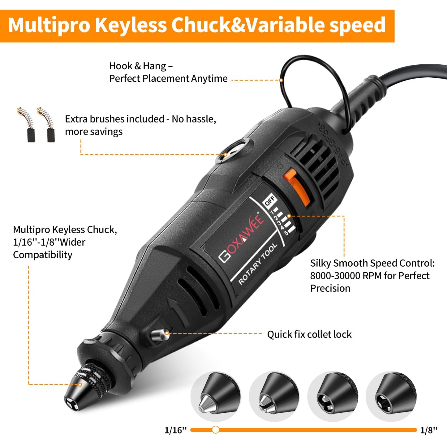 GOXAWEE Rotary Tool Kit with MultiPro Keyless Chuck and Flex Shaft -140pcs Accessories Variable Speed Electric Drill Set for Handmade Crafting Projects and DIY Creations