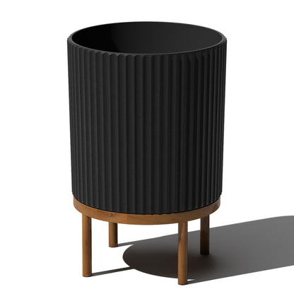 Veradek Demi Series Round Planter w/ Stand for Porch/Patio | Durable Plastic-Concrete & Wooden Stand | Modern Décor for Tall Plants, Flowers
