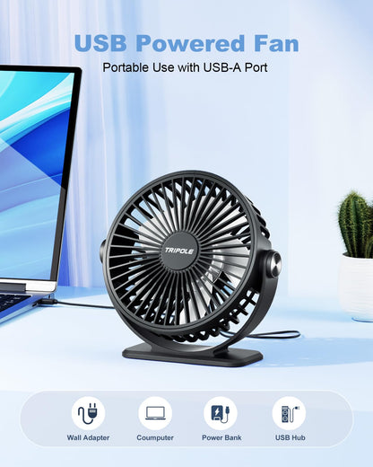 TriPole Desk Fan USB Powered Small Portable Fan, 3 Speeds Adjustable Strong Breeze Mini Personal Fans, 360° Rotation Quiet Plug In USB Fans for Desktop Bedroom Office Table Travel, Black, 4.9ft Cable
