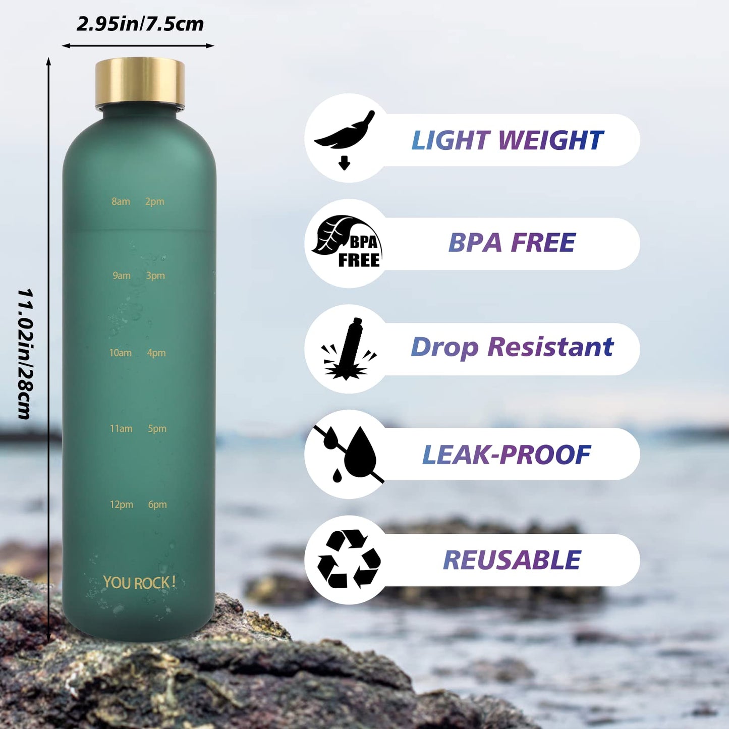 ZAKVOP 32oz Water Bottles with Times to Drink, Motivational Water Bottle with Time Marker, BPA Free Reusable Water Bottle with Hydrating Reminder for Gym Fitness Workout Travel (Green)