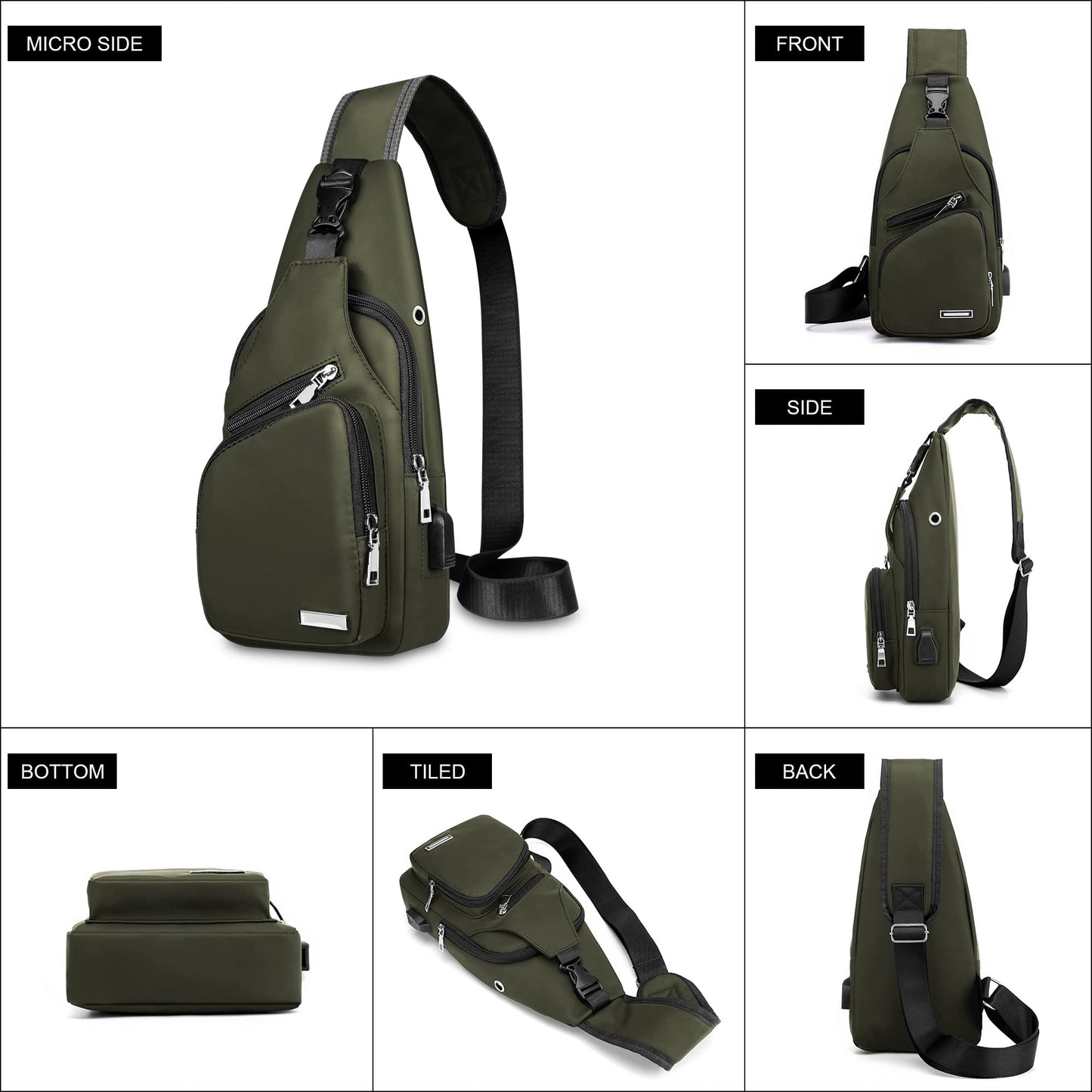 Waterproof Sling Bag Crossbody Backpack for Men Women Sling Backpack Hiking Daypack Multipurpose Cross Body Chest Bag with USB Charger Hole & Headphone Hole for Outdoor Walking Travel(ArmyGreen)
