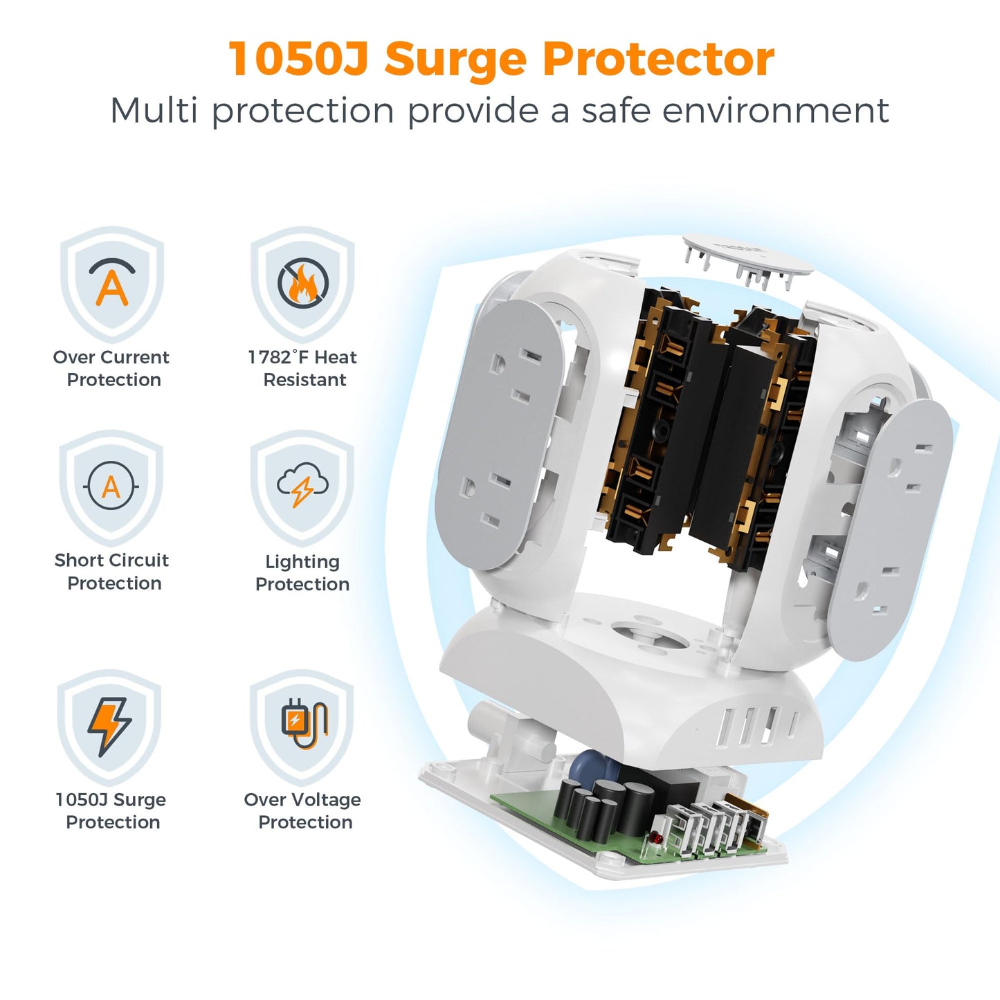 Surge Protector Power Strip Tower, TESSAN Flat Plug Extension Cord 10 Ft with 8 AC Multiple Outlets 4 USB Ports (1 USB C), 1050J Protection Desk Charging Station for Home, Office Supplies, Dorm Room