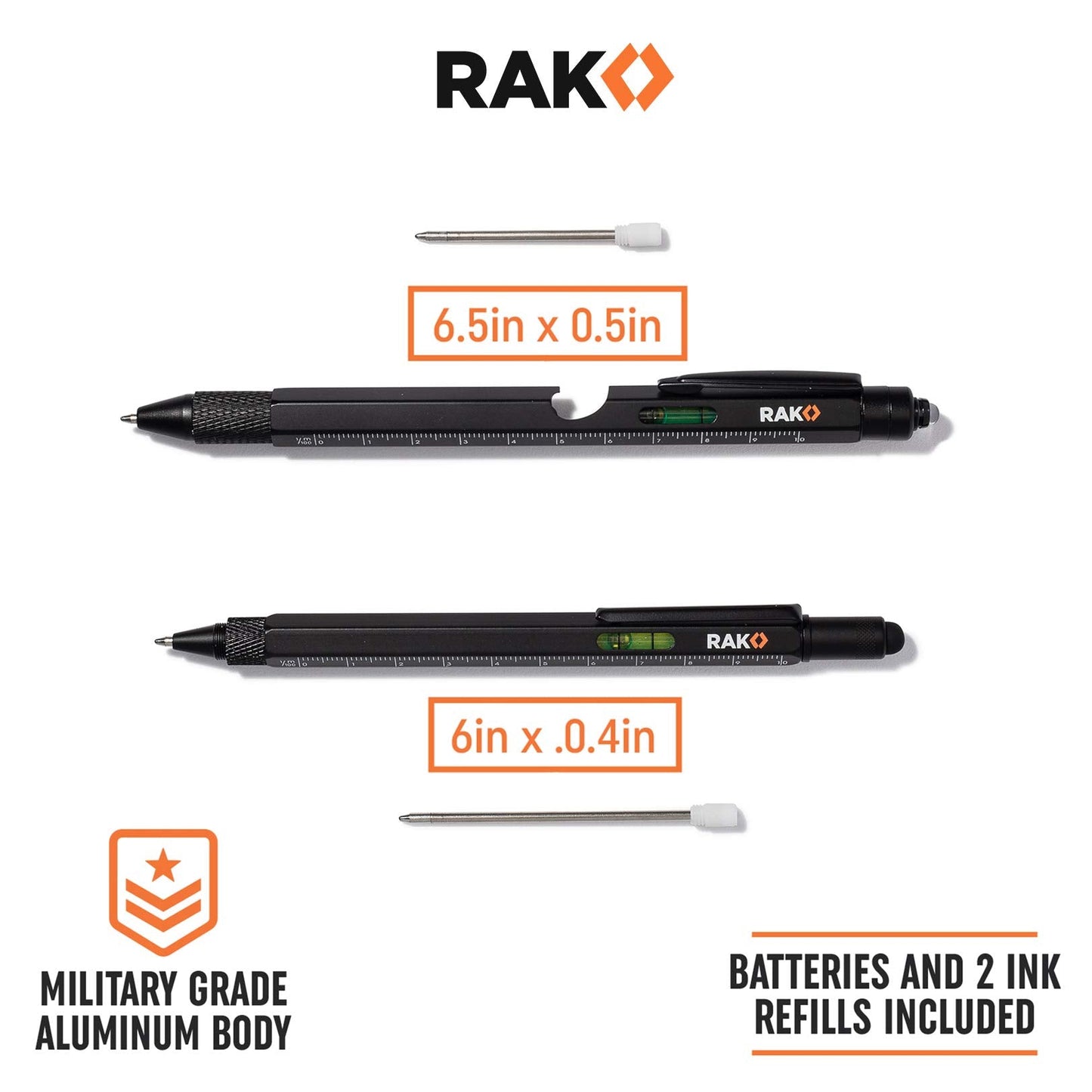 RAK Multitool Pen - Multi-Tool Pens, LED Light, Flathead, Phillips Screwdrivers, Level, Ruler, Bottle Opener, and Stylus. Cool Gadgets Gifts for Men, Dad, EDC Pen Tool, Gift-Ready Box, Pack of 2