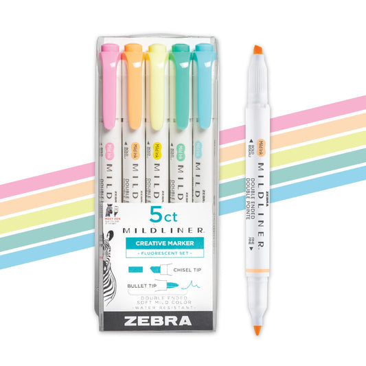 Zebra Pen Mildliner Dual-Tip Highlighter Set, Broad and Fine Point Tips, Ideal for Bible Highlighting, No Bleed, School Supplies and Teacher Supplies, Assorted Fluorescent Ink Colors, 5-Pack (78105)