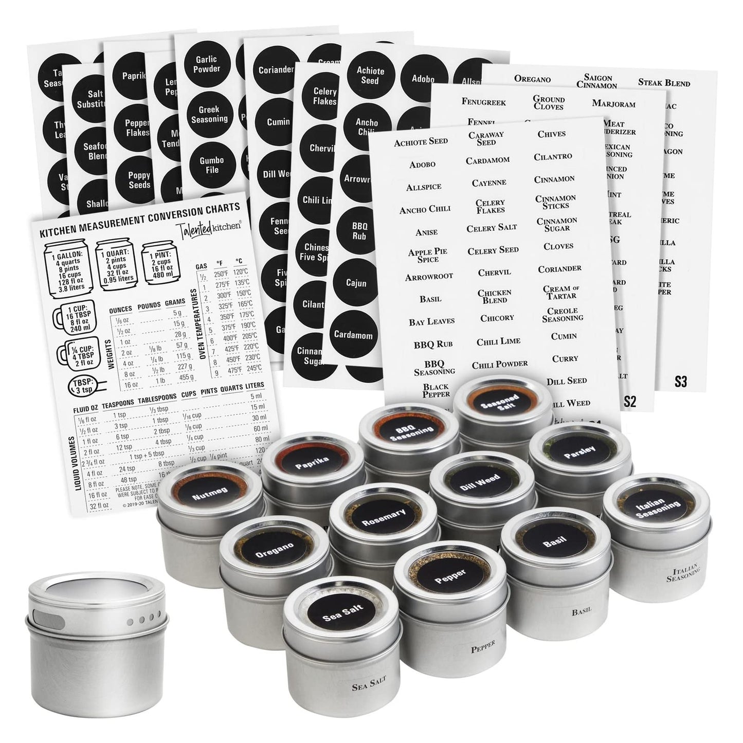 Talented Kitchen Silver Magnetic Spice Jars for Refrigerator (3 oz) - Stainless Steel 12 Spice Containers with Sift & Pour Lids (269 Preprinted Labels and 2 Label Styles)