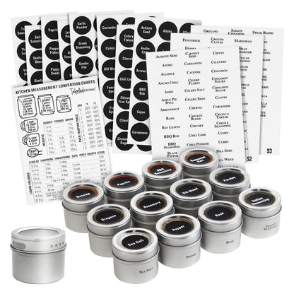 Talented Kitchen Silver Magnetic Spice Jars for Refrigerator (3 oz) - Stainless Steel 12 Spice Containers with Sift & Pour Lids (269 Preprinted Labels and 2 Label Styles)