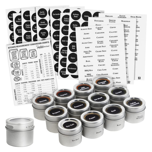 Talented Kitchen Silver Magnetic Spice Jars for Refrigerator (3 oz) - Stainless Steel 12 Spice Containers with Sift & Pour Lids (269 Preprinted Labels and 2 Label Styles)