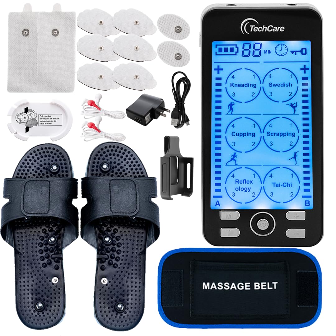 TechCare Plus 24-Mode TENS & EMS Dual-Channel Muscle Stimulator – Rechargeable Pain Relief Set with Massage Belt, Reflexology Shoes, Magnetic Therapy, Timer