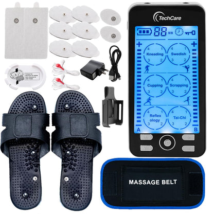 TechCare Plus 24-Mode TENS & EMS Dual-Channel Muscle Stimulator – Rechargeable Pain Relief Set with Massage Belt, Reflexology Shoes, Magnetic Therapy, Timer