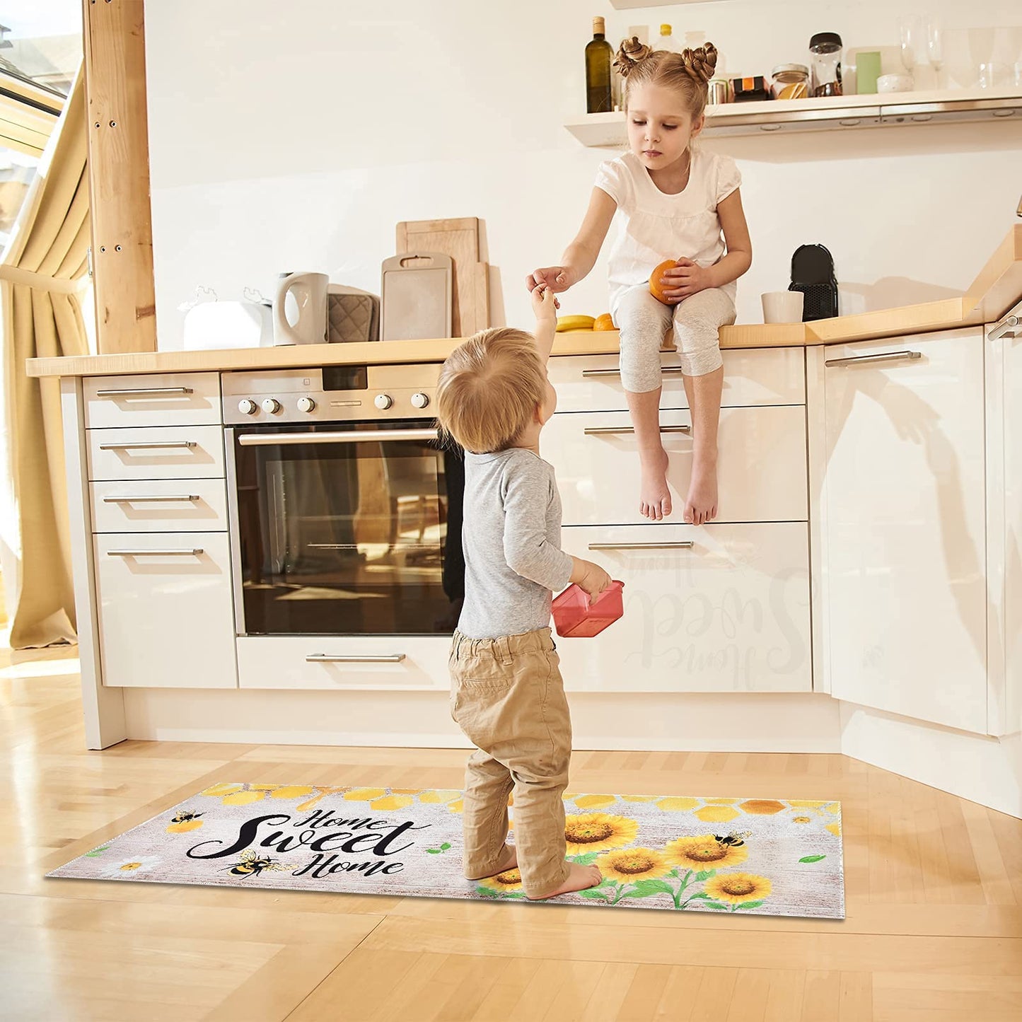 WERNNSAI Sunflower Kitchen Decor Rugs Set- 2 Piece Kitchen Mats Non-Slip Kitchen Backing Area Rugs Sweet Home Doormat Washable Waterproof Standing Mat for Indoor Outdoor Entry Floor (Sunflower A)