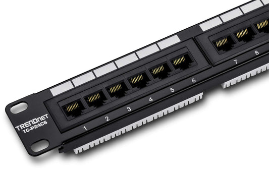 TRENDnet 24-Port Cat6 Unshielded Patch Panel, Wallmount or Rackmount, Compatible with Cat3,4,5,5e,6 Cabling, for Ethernet, Fast Ethernet, Gigabit Applications, Black, TC-P24C6 (Pack of 1)