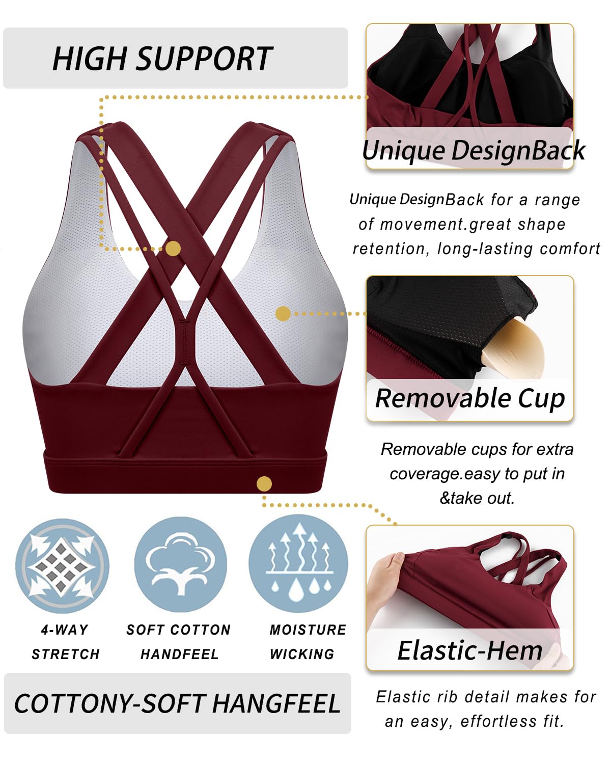 RUNNING GIRL Sports Bras for Women, Criss-Cross Back Padded Strappy Sports Bras Medium Support Yoga Bra with Removable Cups(2919_Wine red_M)