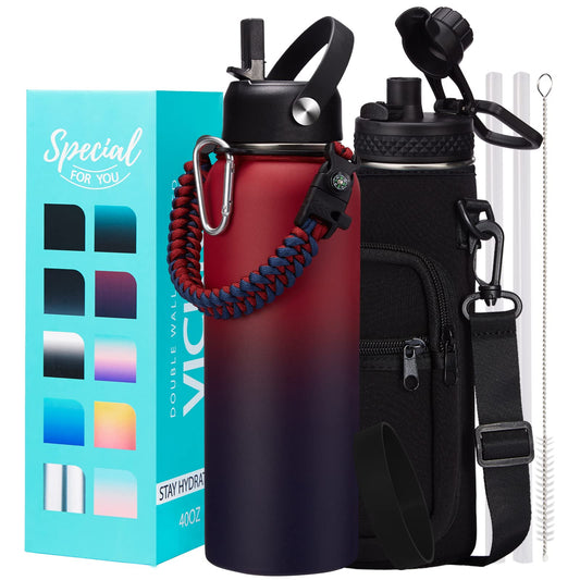 VICKNIY 40 OZ Insulated Water Bottles with Straw Lid, Stainless Steel Water Bottle for Men Women, Wide Mouth Water Flask Sports with Shoulder Carrier Bag, Paracord Handle, Straw & Spout Lids