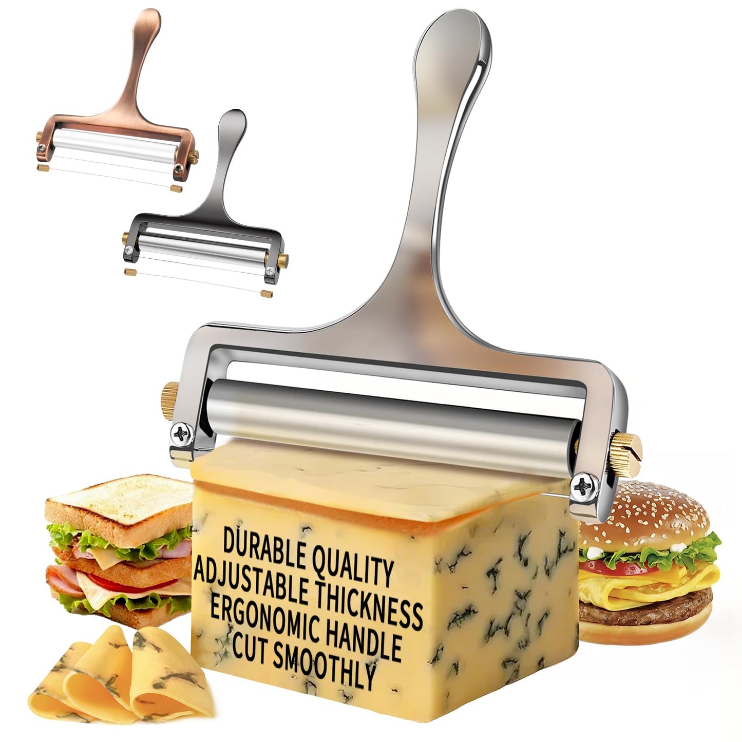 TOPULORS Wire Cheese Slicer Stainless Steel Handheld Cheese Cutter for Mozzarella, Cheddar, Gruyere - with 1 Extra Wire - Adjustable Thickness Cheese Shaver Cheese Slicers for Block Cheese (Silver)