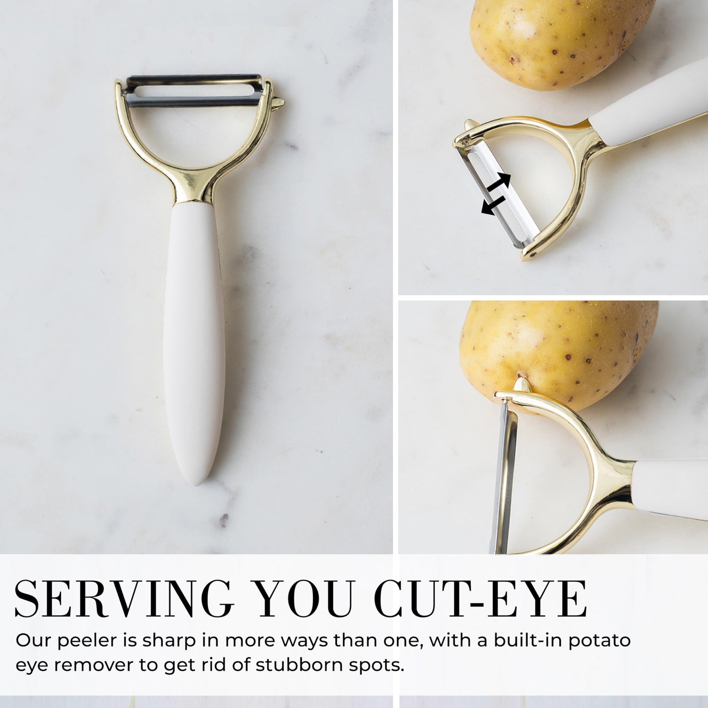 White & Gold Cooking Utensils Set - Luxe 8-Piece Kitchen Gadget Set Includes Can Opener, Tongs and Garlic Press - Stylish White and Gold Kitchen Accessories for Modern Kitchens, Ideal for Gifting