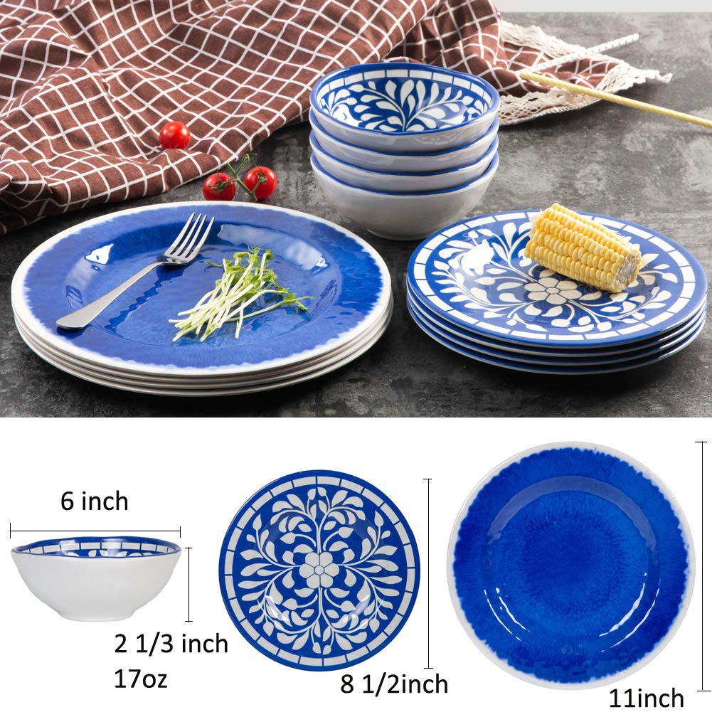 Yinshine Melamine Dinnerware Set - 12 Pcs Dinner Dishes Set for 4, Plates and Bowls Set for Indoor & Outdoor Use- Dishwasher Safe, Unbreakable, Blue