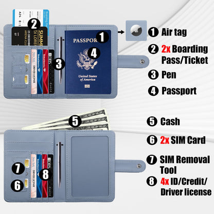 GOAUS Passport Holder for Travel with Airtag Card Slots, Money Pocket, Women Men RFID Blocking Wallet Book Case Blue